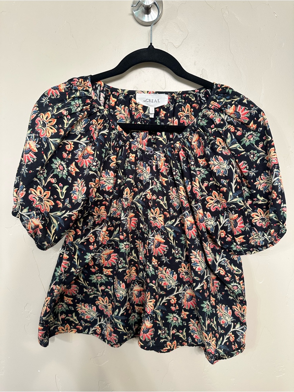THE GREAT. Black Floral Puff-Sleeve Blouse with Coral and Green Accents
